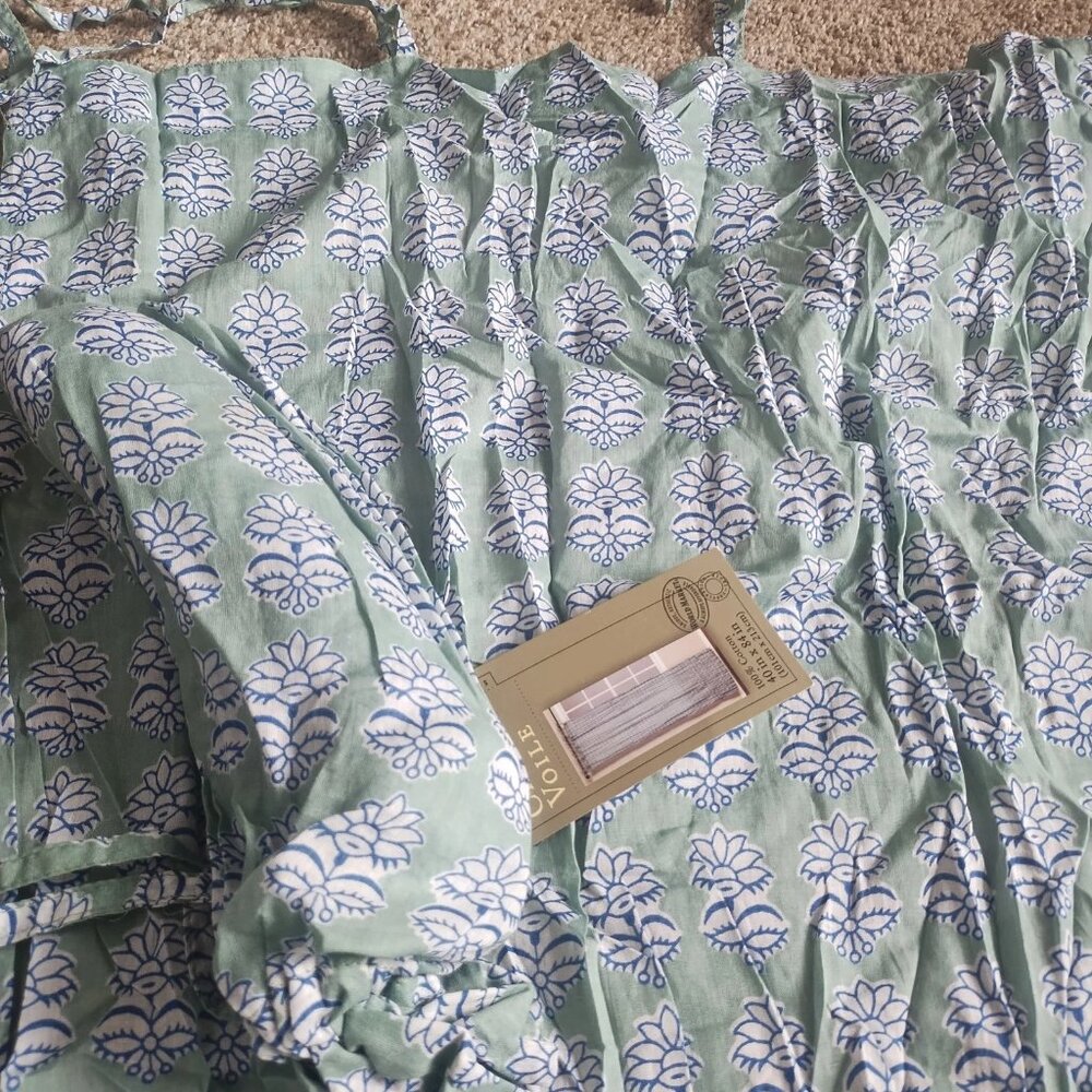 2 NWT World Market Floral Crinkle Voile Curtain Panels Blue Tie Top 40” X 84”